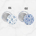 Pin Bros Buttons Tema Tiny Blue French Toile Floral Pattern Size 75mm